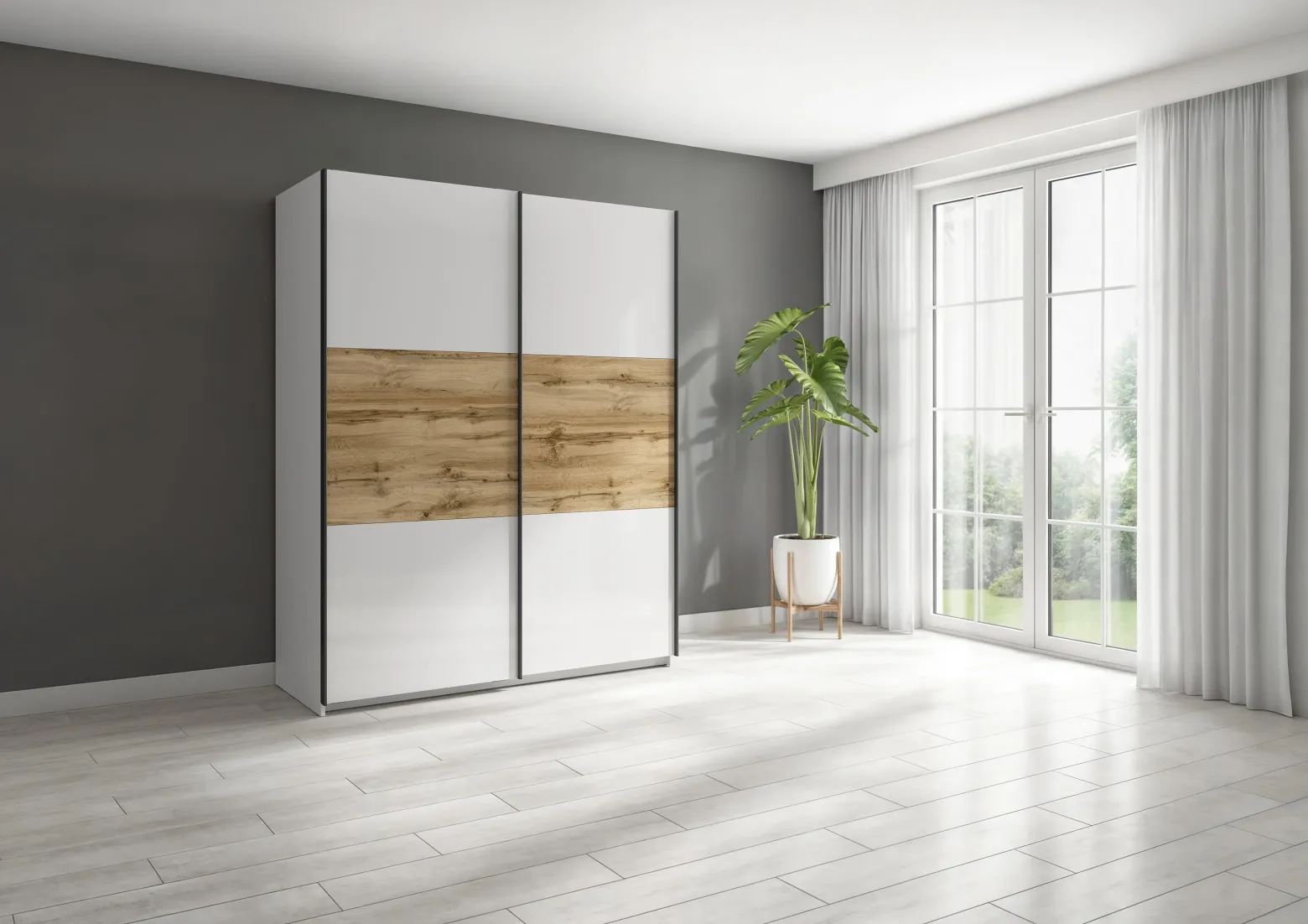 Szafa przesuwna Tetrix 153 cm biały połysk/dąb wotan