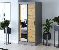 Szafa przesuwna 1x Lustro 90x200 Ralf, Antracyt Mat / Dąb Artisan