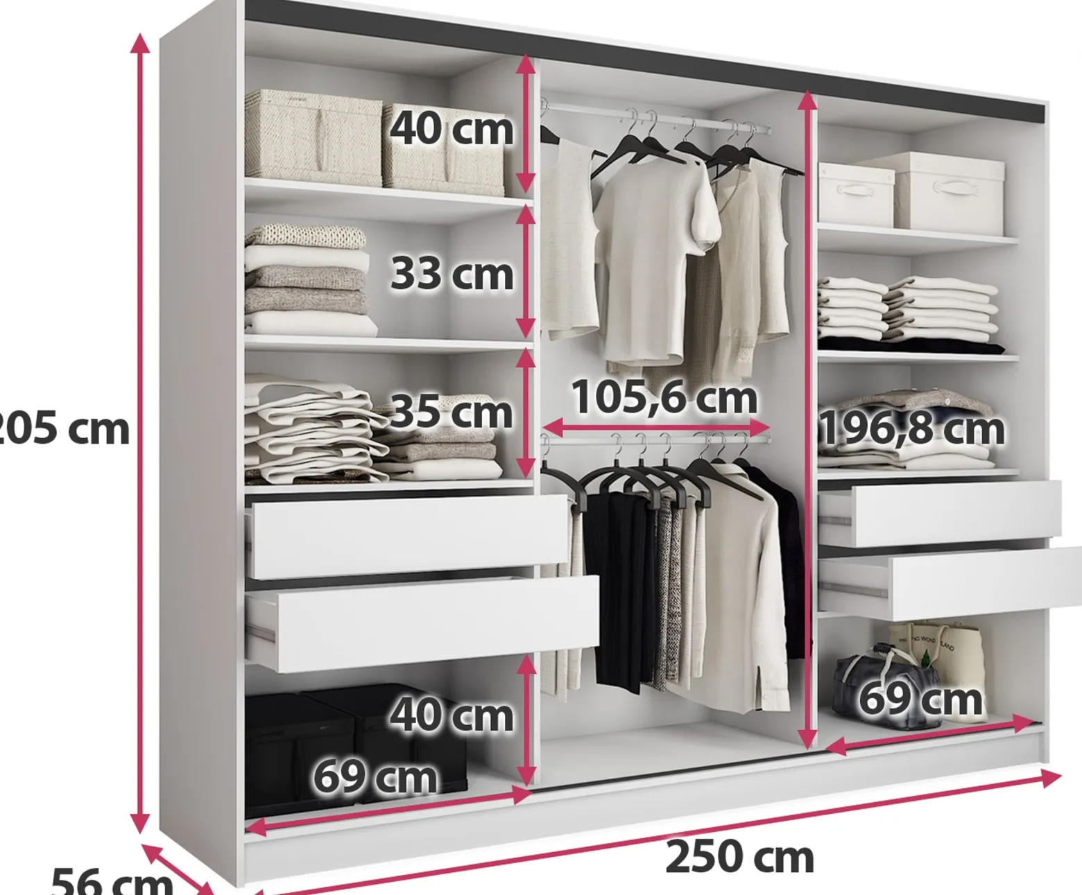 Szafa przesuwna z lustrem 250 cm biała LOFT