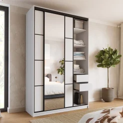 Szafa przesuwna z lustrem 150 cm LOFT MAX z szufladami drążki