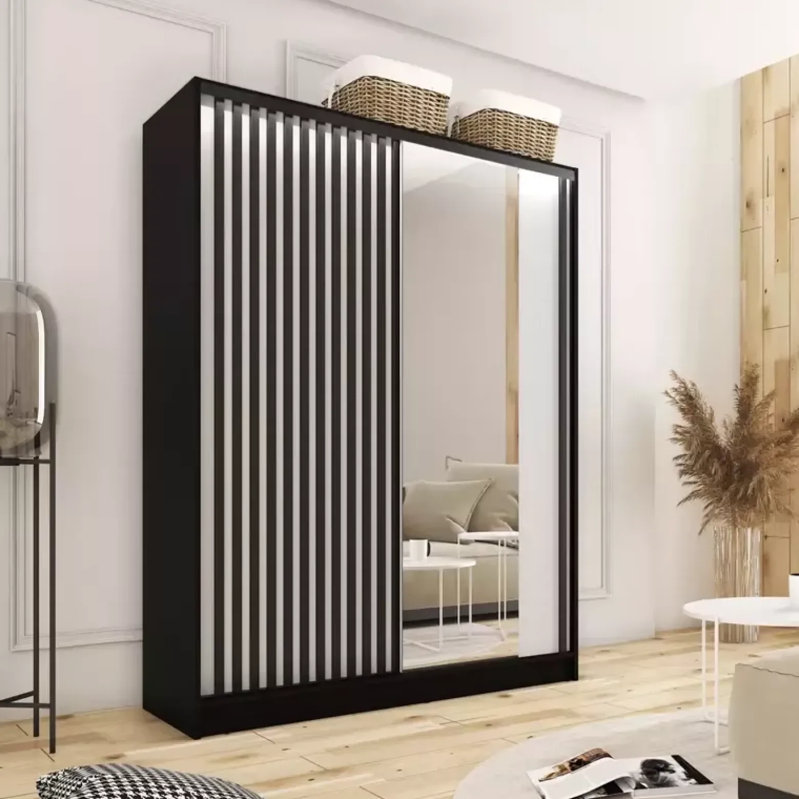 Szafa przesuwna z lustrem i lamelami 150 cm LAMEL 3D Biały
