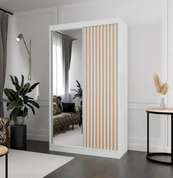 Szafa z lamelami i lustrem 120 cm - biała + lam. craft złoty
