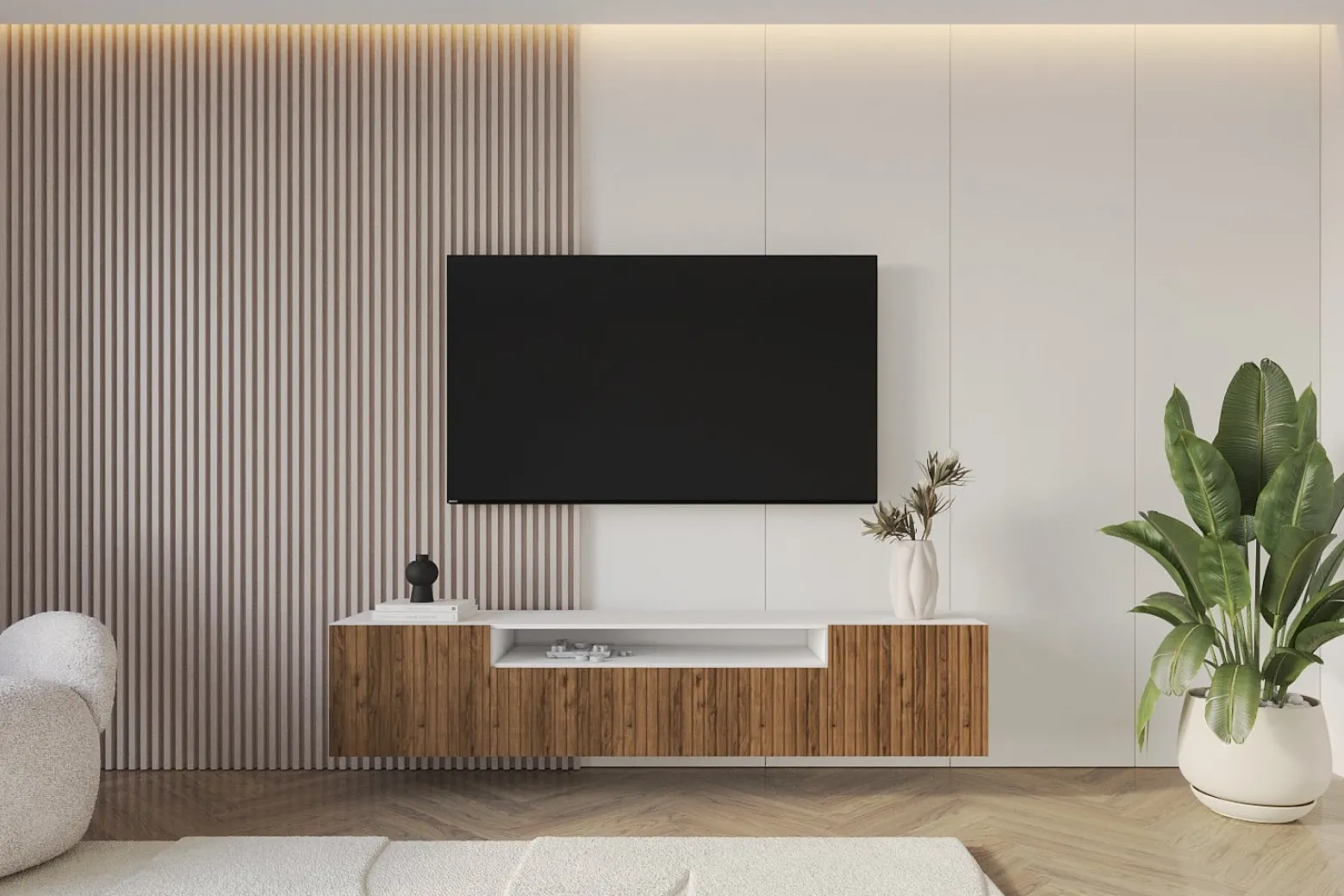 Szafka RTV z frezowanymi frontami wisząca KITO-W - 200x40x41 cm - Brązowy
