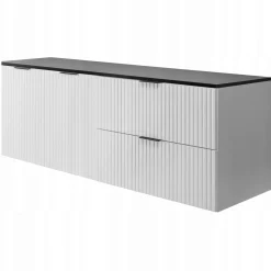 Szafka Łazienkowa Biała Drzwi Szuflady Flisan 160X46 Cm Z Czarnym Blatem