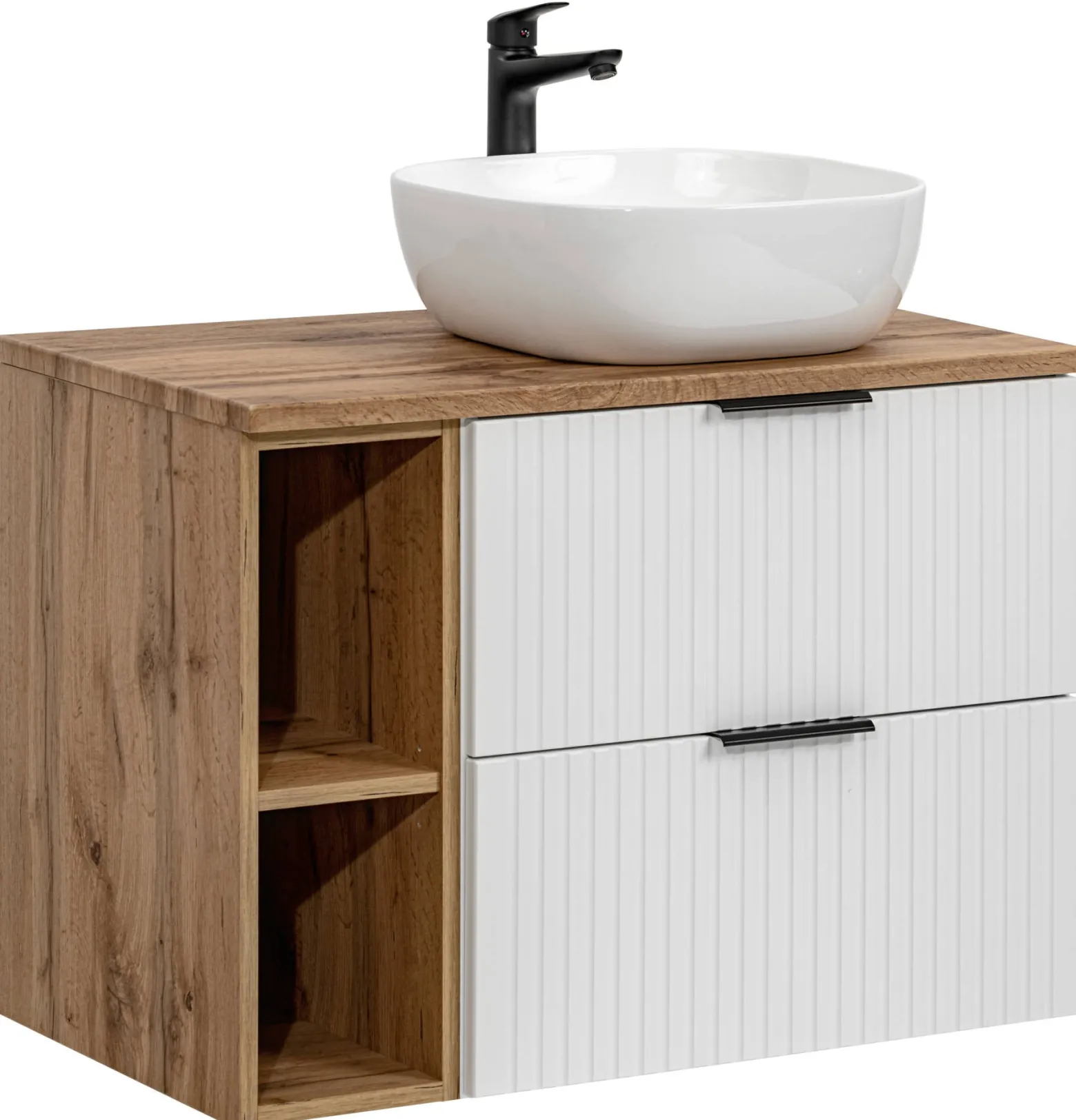 Szafka 60 cm ADEL WHITE z umywalką SMILE, blatem i regałem