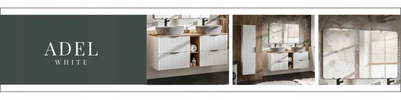 Szafka 60 cm ADEL WHITE z umywalką SMILE, blatem i regałem