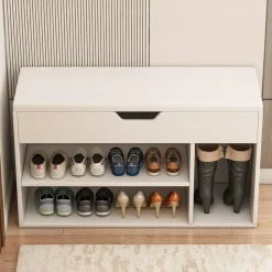 Szafka na buty biała otwierana z siedziskiem drewniana z półkami pojemna 80