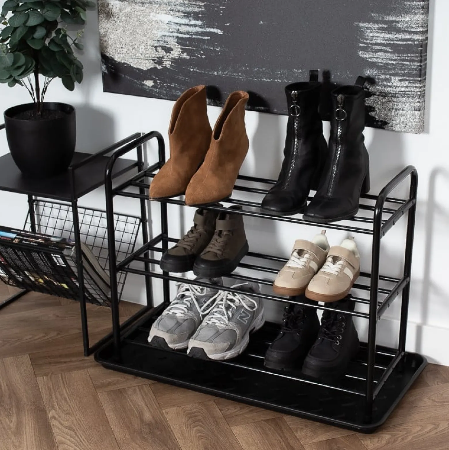 Szafka na buty półka regał obuwie czarna + ociekacz mata organizer metalowy