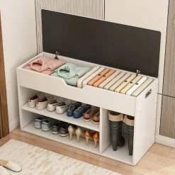 Szafka na buty z siedziskiem drewniana schowek 3 półki otwierana biała 80cm