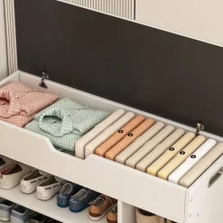 Szafka na buty z siedziskiem drewniana schowek 3 półki otwierana biała 80cm