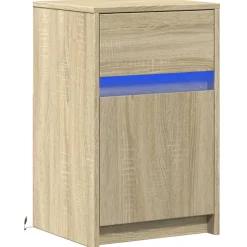 Szafka Nocna Stolik Komoda Brązowa z Szufladą z LED Do Sypialni 38x34x61 cm