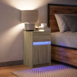 Szafka Nocna Stolik Komoda Brązowa z Szufladą z LED Do Sypialni 38x34x61 cm