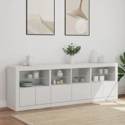 Szafka Regał Biała LED z Drzwiami Szklanymi 202x37x67 cm do Salonu