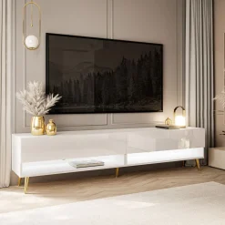 Szafka RTV CALANTE 180 cm LED biały połysk nogi skośne złote