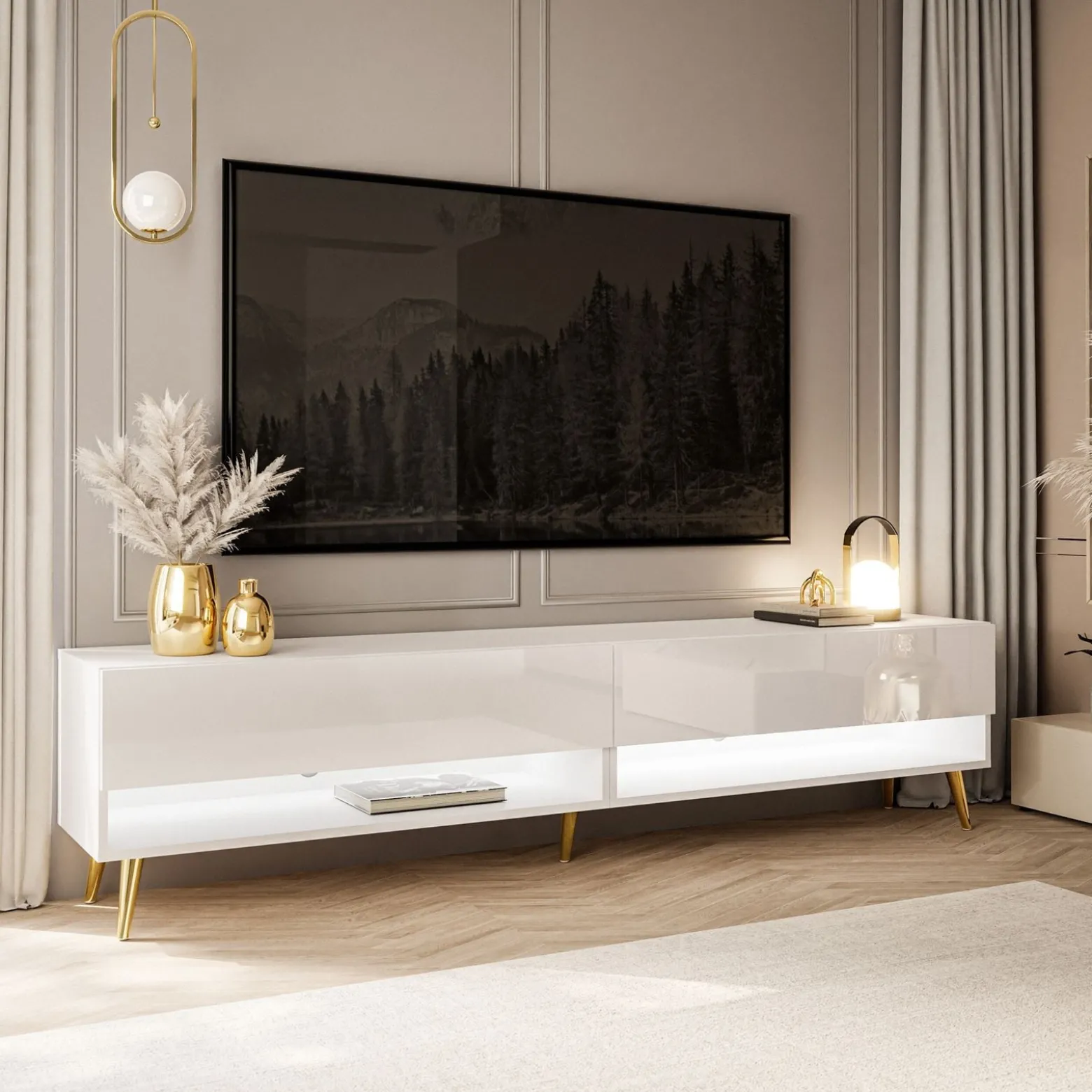 Szafka RTV CALANTE 180 cm LED biały połysk nogi skośne złote