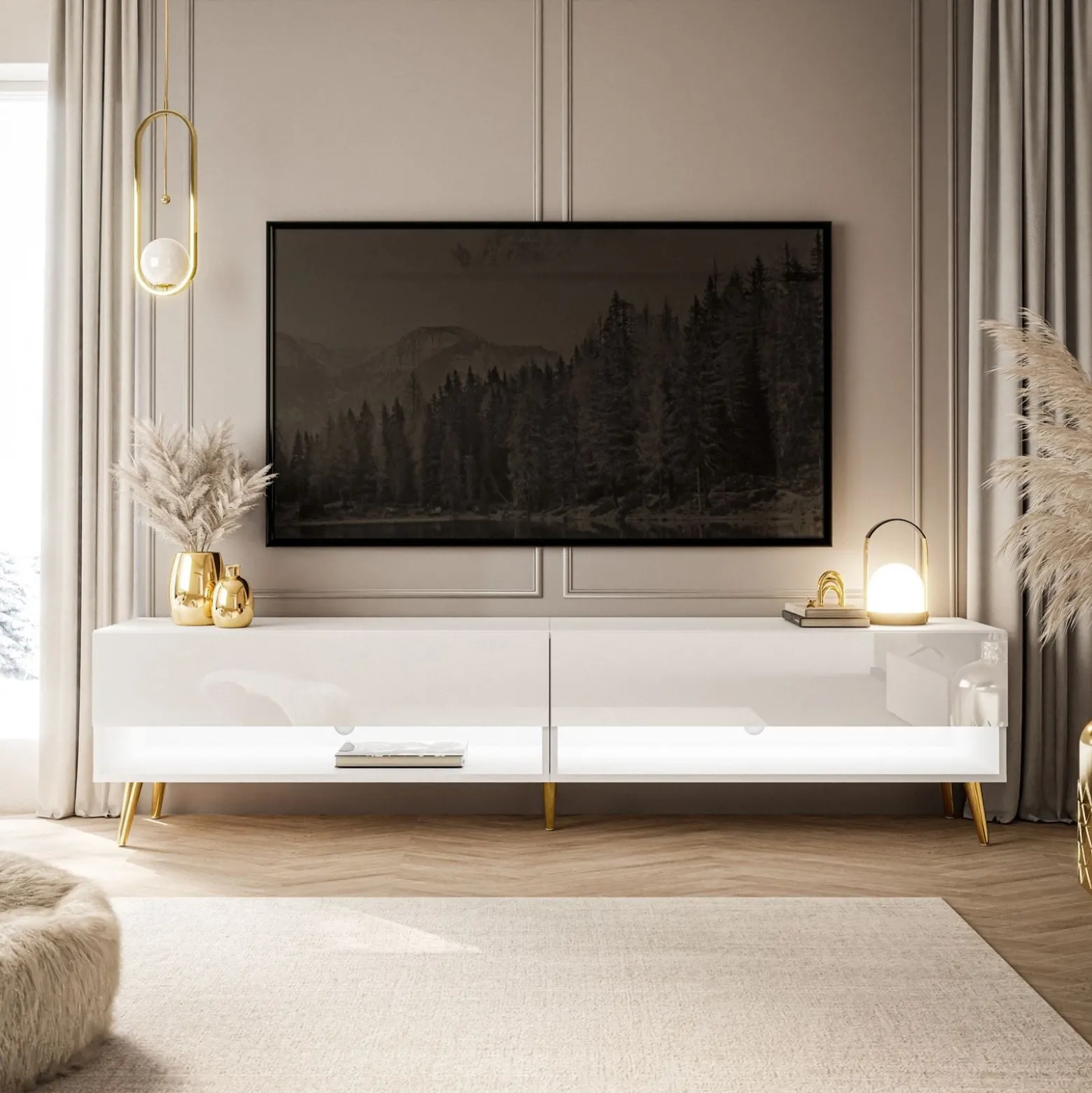 Szafka RTV CALANTE 180 cm LED biały połysk nogi skośne złote