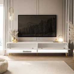 Szafka RTV CALANTE 180 cm LED biały połysk nogi skośne złote