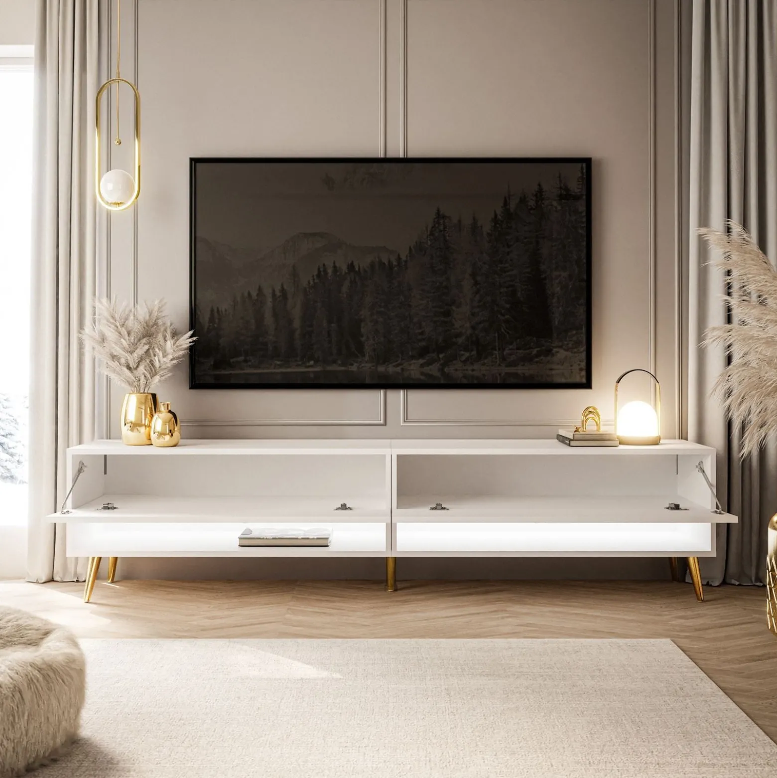 Szafka RTV CALANTE 180 cm LED biały połysk nogi skośne złote