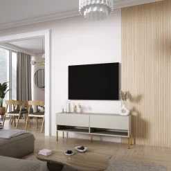 Szafka RTV Kaszmir, nogi proste złote, LED biały, 140 × 32 × 52 cm
