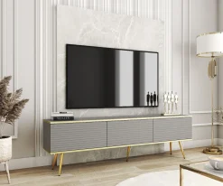 Szafka RTV ORO MDF 175 szare prążkowane fronty + złoty z zło