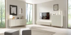 Szafka RTV trzydrzwiowa elegancka TUTTI 147 cm kaszmirowa z uchylną klapą