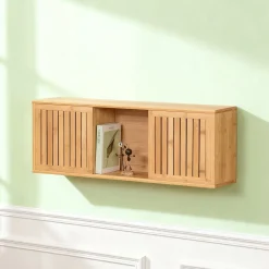 Szafka Wisząca Zamknięta z Półkami Kwadratowa Bambusowa 92,5x20x33