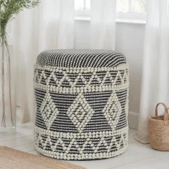 Szary-Beżowy Stołek z Wełny 40x45 cm Okrągły Boho Pojemnik Tapicerowany