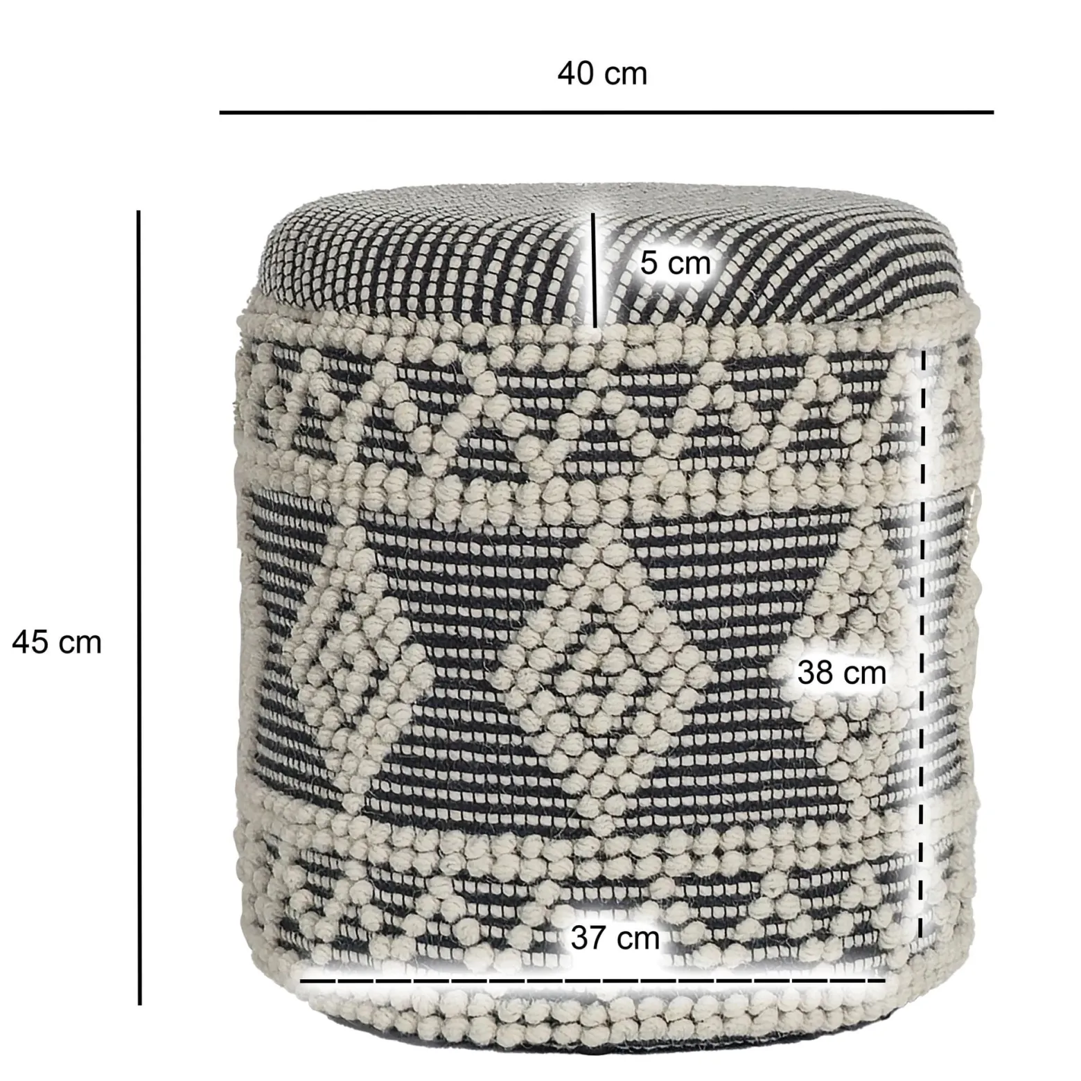 Szary-Beżowy Stołek z Wełny 40x45 cm Okrągły Boho Pojemnik Tapicerowany