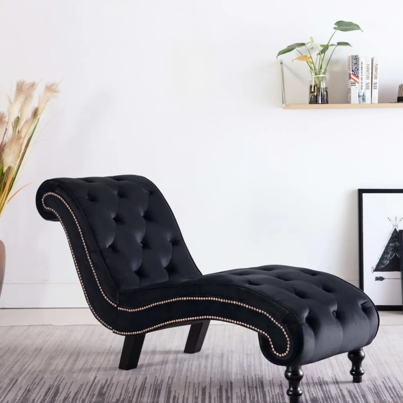 Szezlong Czarny Tapicerowany Leżanka Sofa Fotel Łóżko Aksamit