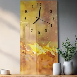 Szklany zegar 30x60 Liście dekoracyjny do salonu