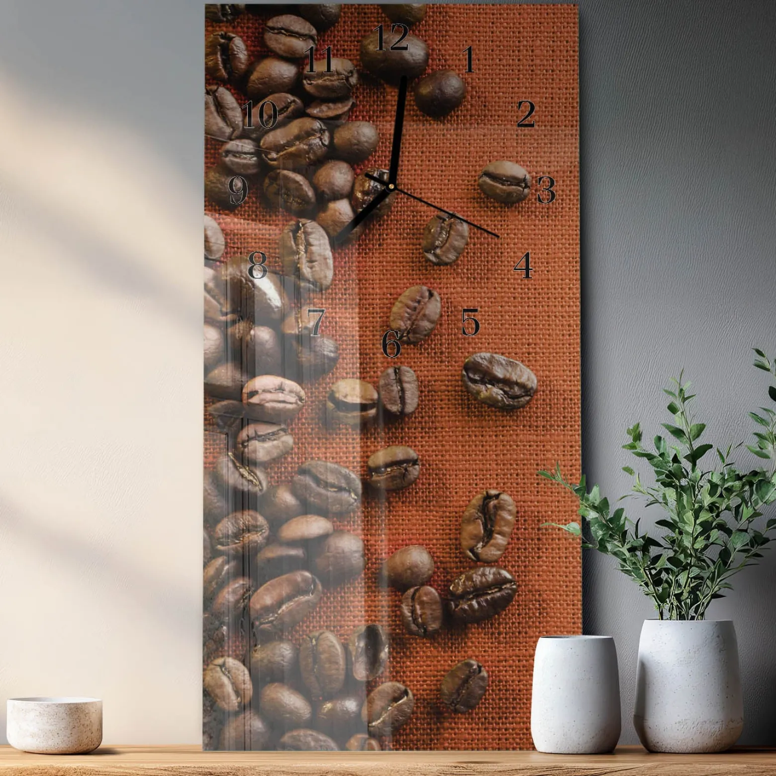 Szklany zegar 30x60 Ziarna Kawy dekoracyjny na ścianę