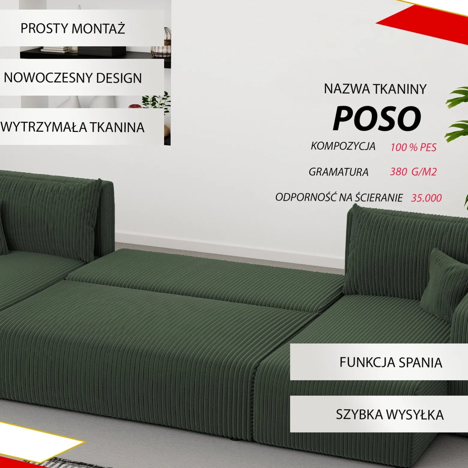 Tapicerowany narożnik PIANO U z funkcją spania - zielony
