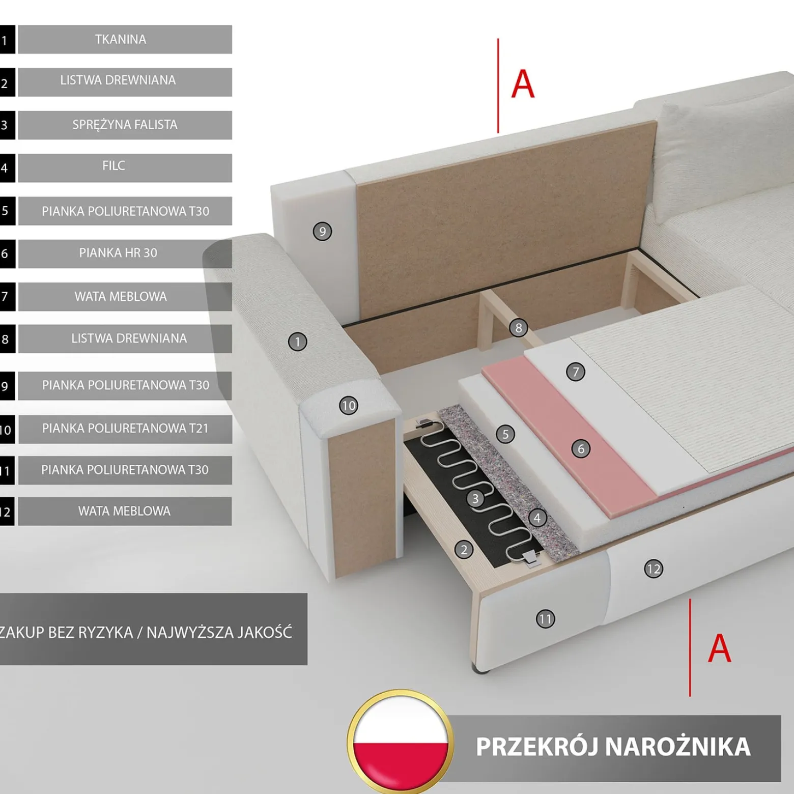 Tapicerowany narożnik PIANO U z funkcją spania - zielony