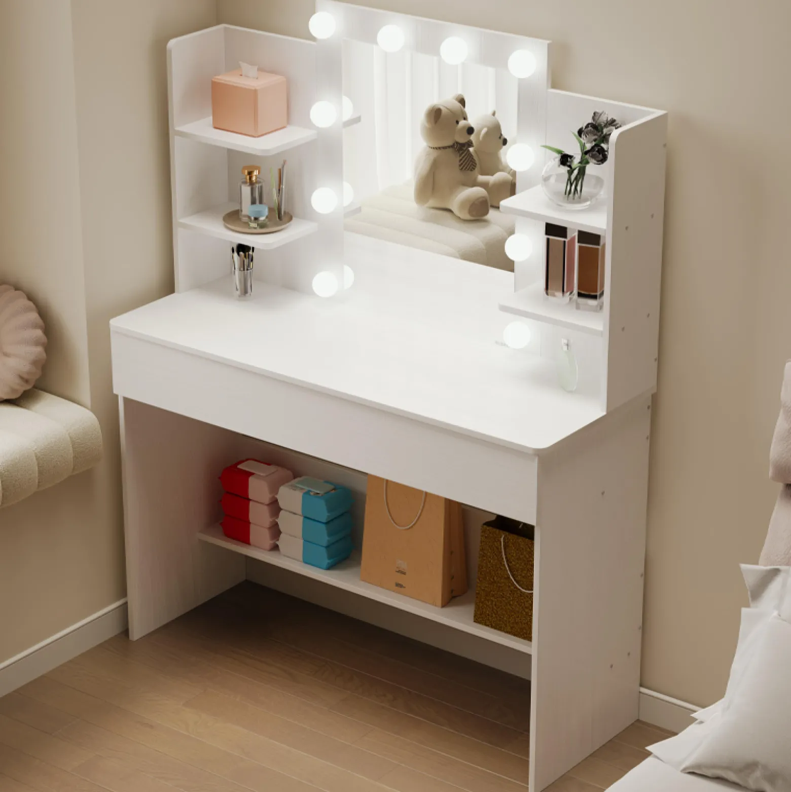 Toaletka kosmetyczna makijażu wizażu z lustrem led nowoczesna loft 110 cm