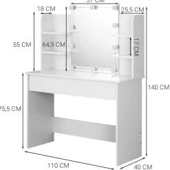 Toaletka kosmetyczna makijażu wizażu z lustrem led nowoczesna loft 110 cm