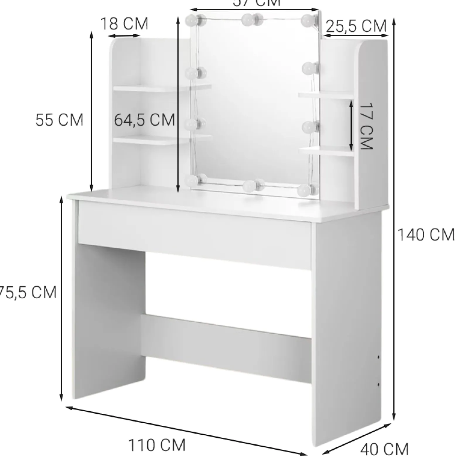 Toaletka kosmetyczna makijażu wizażu z lustrem led nowoczesna loft 110 cm