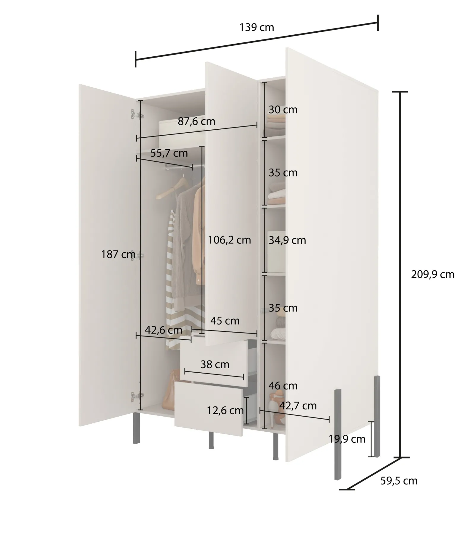 Trzydrzwiowa szafa uchylna do sypialni 139 cm kaszmir JUKON