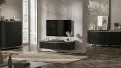 Wisząca Szafka RTV Glamour Komoda RTV Czarny MAT ryflowane fronty 280 cm