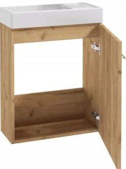 Wisząca szafka łazienkowa z umywalką 50x70 dąb craft, bateria chrom