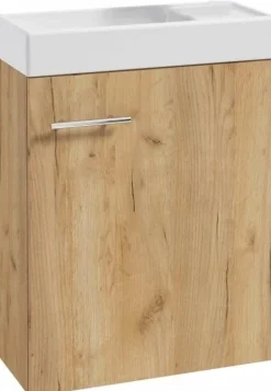 Wisząca szafka łazienkowa z umywalką 50x70 dąb craft, bateria chrom