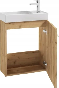 Wisząca szafka łazienkowa z umywalką 50x70 dąb craft, bateria chrom