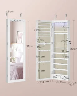 Wisząca szafka na biżuterię z lustrem LED zamykana na klucz 120x37x10 cm