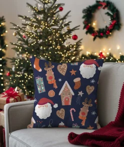 Świąteczna poszewka na poduszkę HOLLY JOLLY 45x45 pierniczki i prezenty