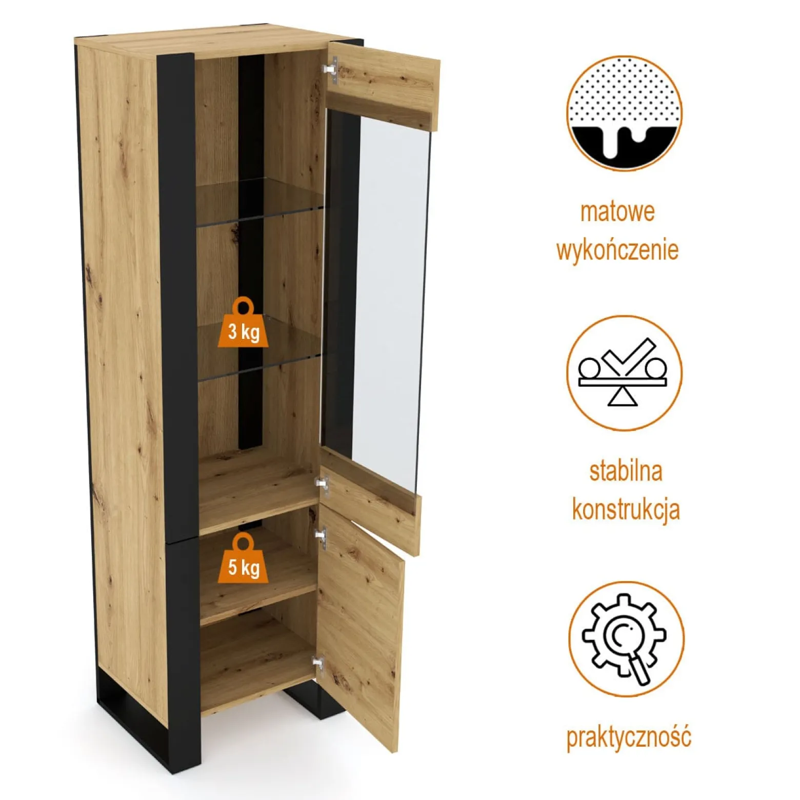 Witryna NUKA E 58 cm dąb artisan / czarna