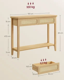 Wąska konsola do przedpokoju boho z 2 szufladami rattanowymi MDF beżowa