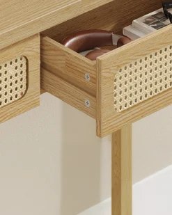 Wąska konsola do przedpokoju boho z 2 szufladami rattanowymi MDF beżowa