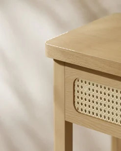 Wąska konsola do przedpokoju boho z 2 szufladami rattanowymi MDF beżowa