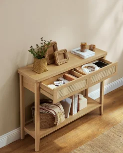 Wąska konsola do przedpokoju boho z 2 szufladami rattanowymi MDF beżowa