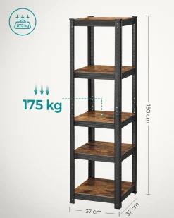 Wąski regał loftowy stal rustykalny brąz 5 półek 150x37 cm 80 kg/półka