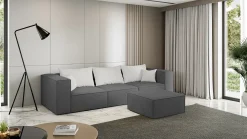 Wygodna sofa 3 osobowa z pufą POPPY szara narożnik modułowy do salonu